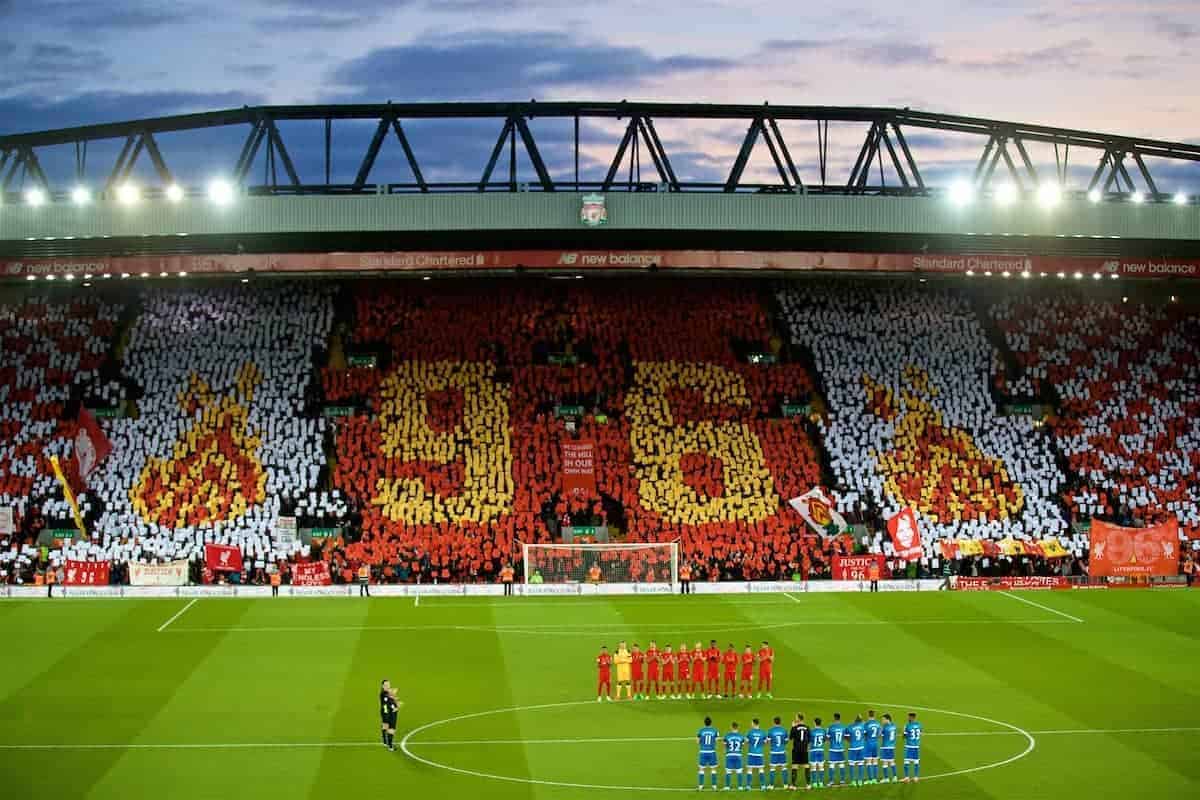 Aficionados del Liverpool rememorando a los 96 fallecidos en hillsborough. Foto: página oficial del Liverpool